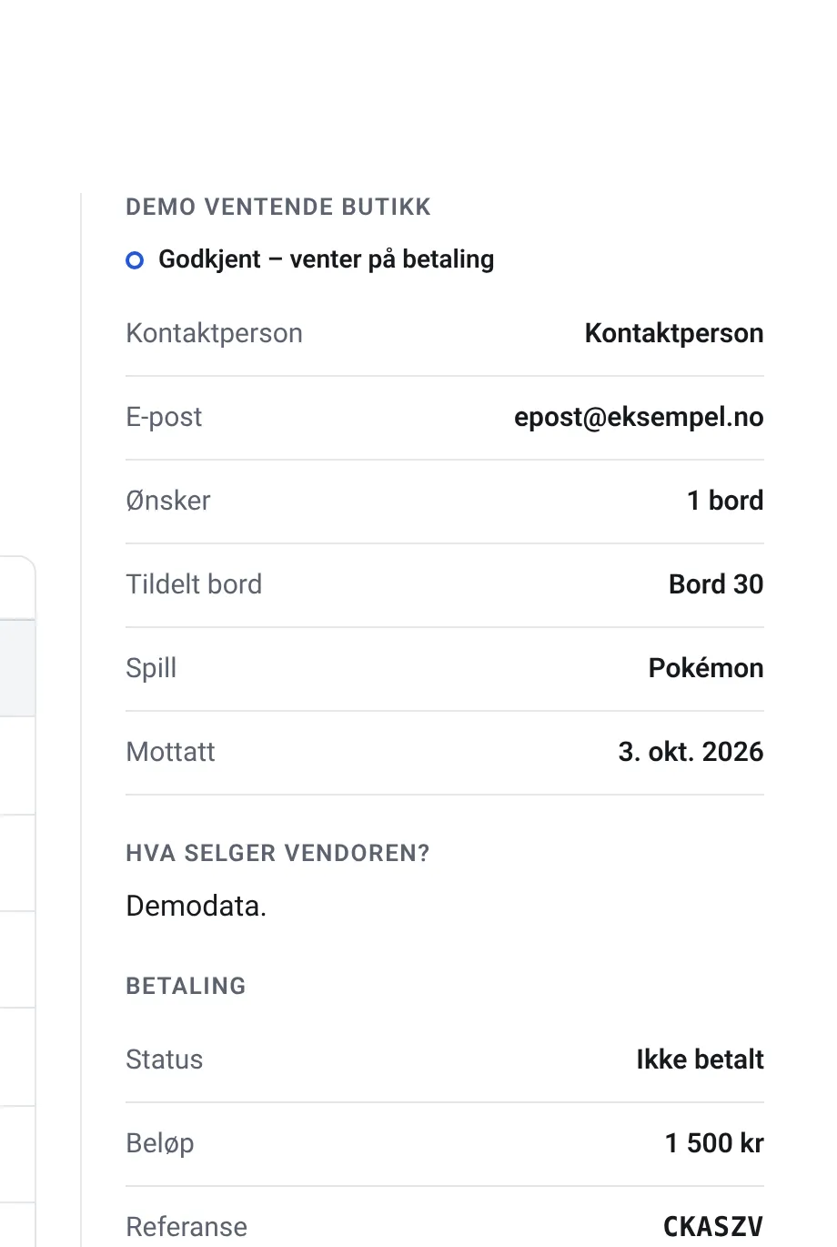 Messekart for arrangør: detaljer for en søknad fra en vendor, med status «Godkjent – venter på betaling», tildelt bord og betalingsstatus.