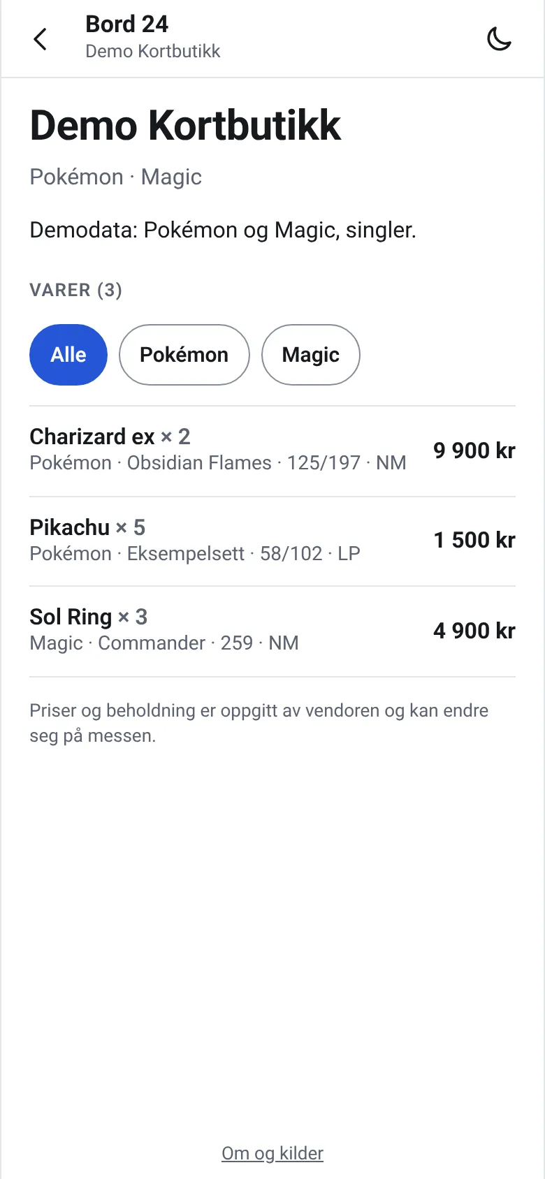 Messekart-appen på mobil: profilen til et bord med butikknavn og varer til salgs.