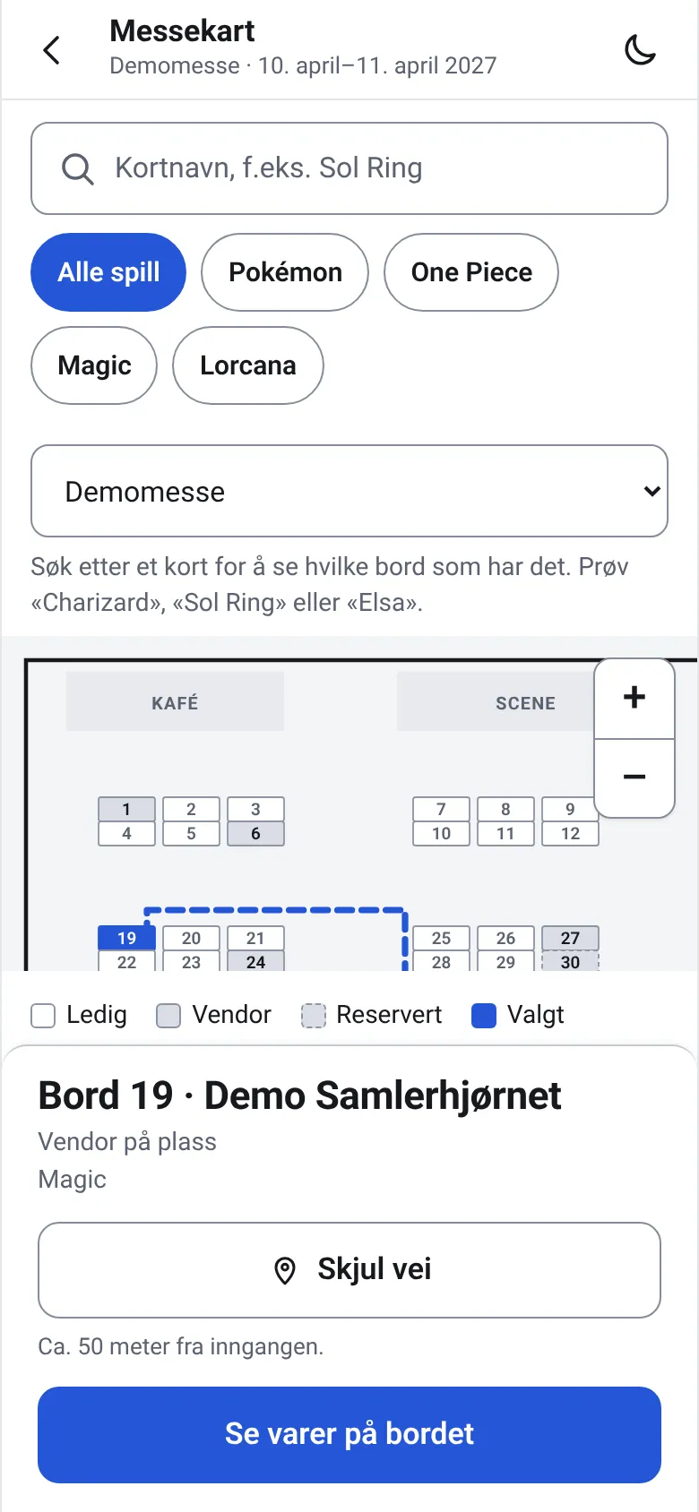 Messekart-appen på mobil: kart over en messehall med et valgt bord og ruten dit fra inngangen.