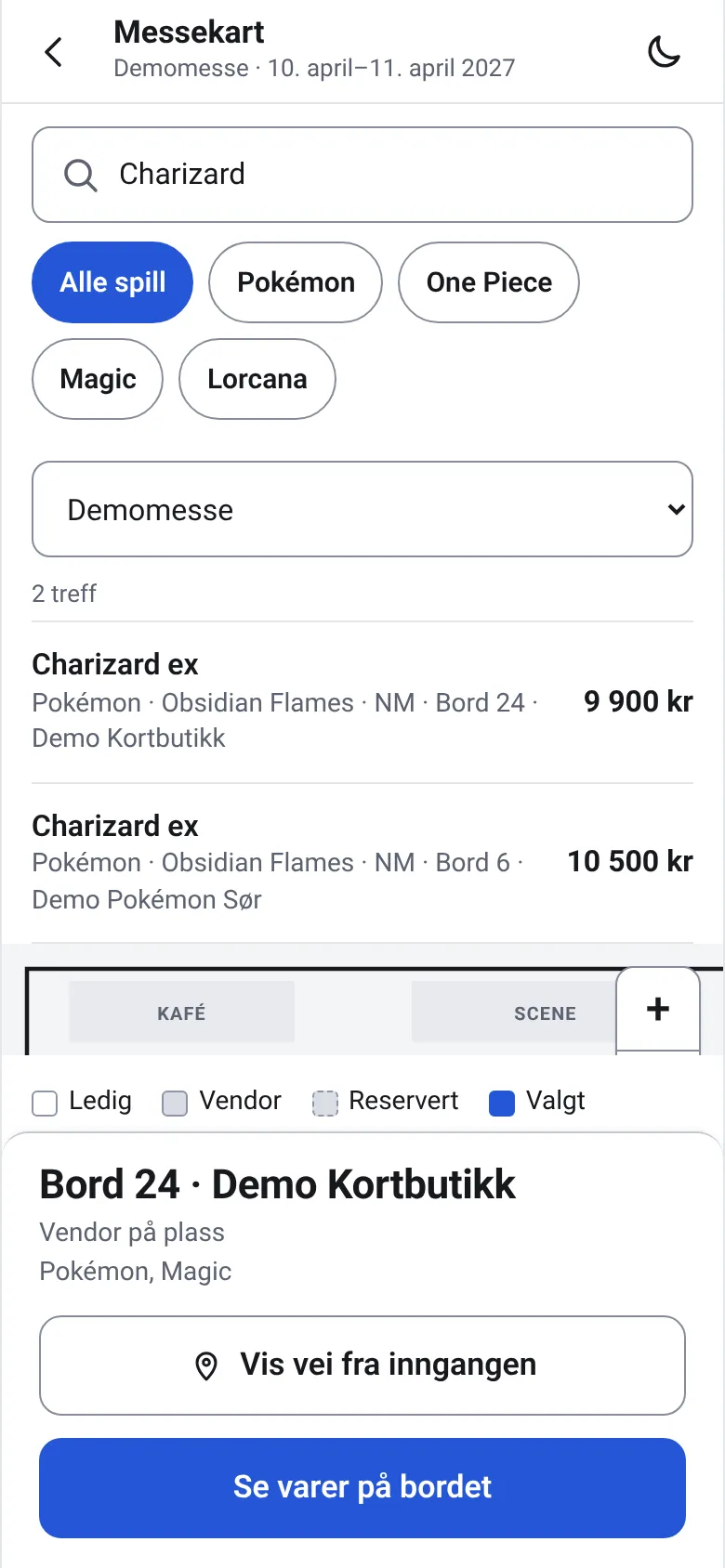 Messekart for kjøper på mobil: søk etter kortet Charizard viser to treff med bordnummer og pris.