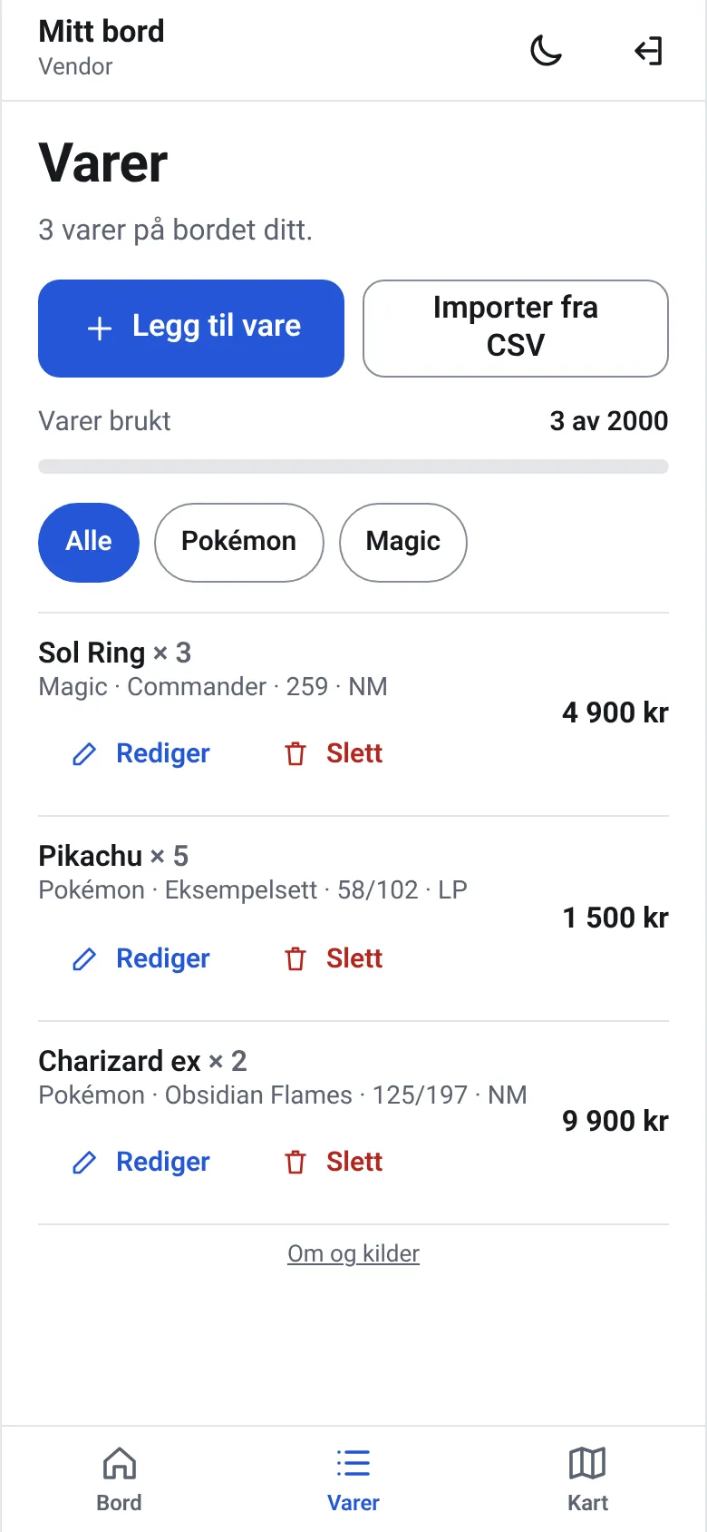 Messekart for vendor på mobil: oversikt over kort og varer vendoren har lagt inn for bordet sitt, med pris og antall.